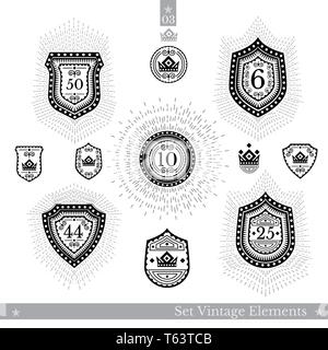 Set of different geometric shields with light ray. Hipster style templates for business signs, labels, logos, and other branding objects Stock Vector
