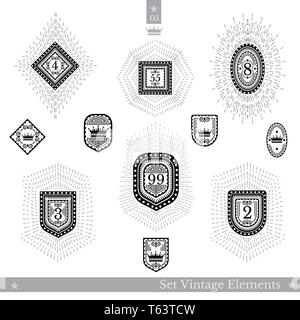 Set of different geometric shields with light ray. Vintage style templates for business labels, logos, and other branding objects Stock Vector