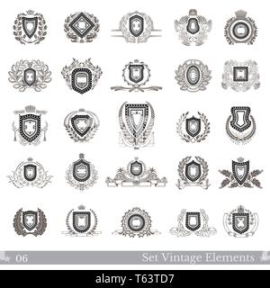 Set of different geometric shields with wreaths. Hipster vintage style templates for business signs, labels, logos, badges, and other branding objects Stock Vector