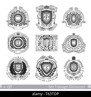 Set of different geometric shields with wreaths. Hipster vintage style templates for business, labels, logos, identity, badges Stock Vector