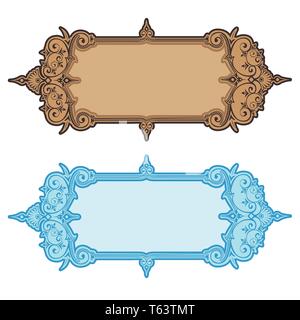 two royal blue and brown banners or frames from line pattern isolated on white Stock Vector