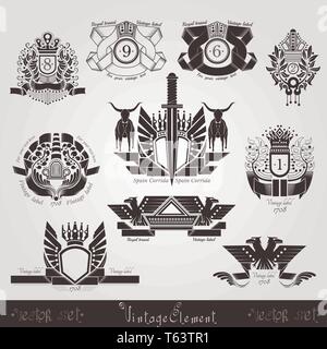 vintage engraving banners or labels with plant eagle bull and pattern Stock Vector