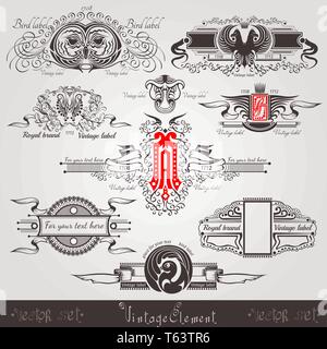 vintage engraving banners with different birds letter and pattern Stock Vector