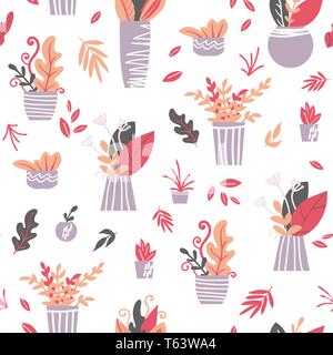 Hand drawn seamless pattern. House plants growing in pots on white background. Vector illustration. Textile, fabric, wrapping paper design. Stock Vector