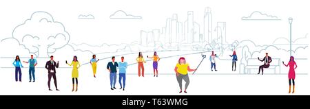 men women holding smartphones taking selfie and using their phones communication concept people walking outdoor urban park landscape background sketch Stock Vector