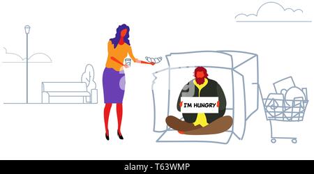 girl giving food to poor man sitting in cardboard box on street begging for help beggar holding sign board homeless feeding concept horizontal sketch Stock Vector