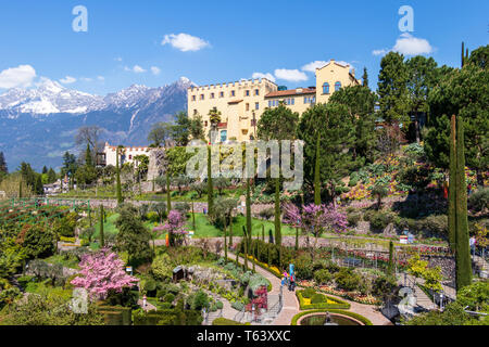 Panoramic view on Castle and botanical gardens of Trauttmansdorff in a Alps landscape of Meran. Merano, Province Bolzano, South Tyrol, Italy. Stock Photo