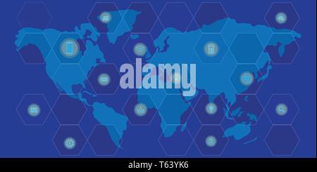 World map with networking and technology symbols on blue background Stock Vector