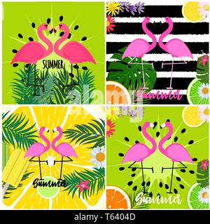 Cute Pink Flamingo Summer Background Collection Set Vector Illustration Stock Vector