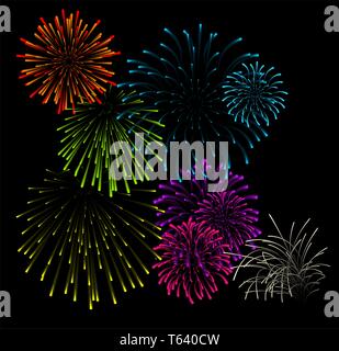 Set of fireworks illustrations on black background Stock Vector