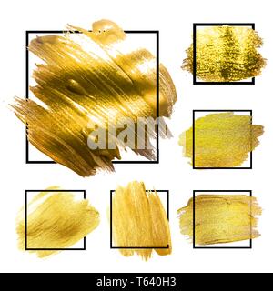 Golden Grunge Brush paint ink stroke with square frame backgrounds set. Vector Illustration Stock Vector