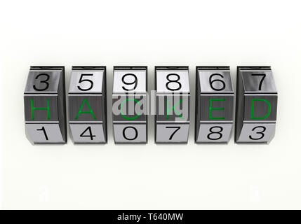 3d illustration: Close view of metal 6-digit combination lock with black numbers and green text 'hacked', isolated on white background, www concept Stock Photo