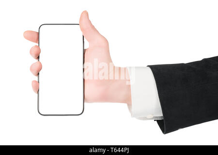 Man in white shirt and black suit hand holding smartpone. Copy space on the phone. Isolated on white, clipping path included Stock Photo