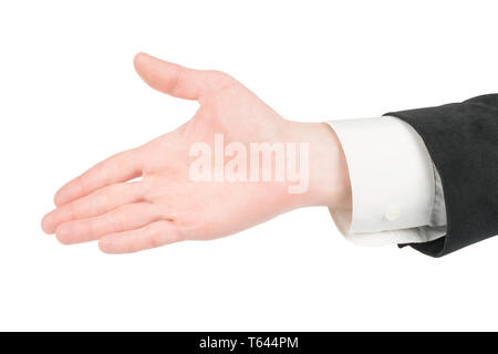 Man in suit hand offering for handshake gesture. Isolated on white, clipping path included Stock Photo