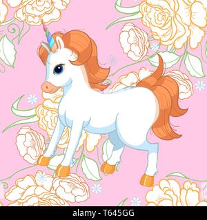 Seamless background with pink roses and cute baby unicorn. Ornamental pattern with beautiful garden floral motif. Great for fabric and textile Stock Vector
