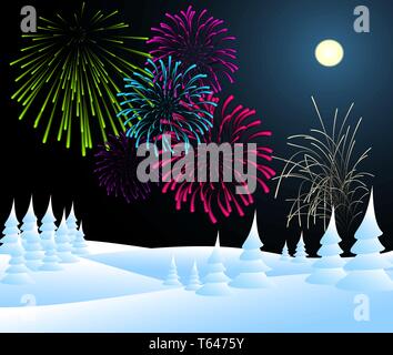Winter christmas landscape in night with fireworks Stock Vector