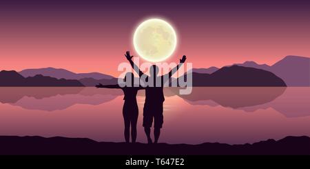 happy couple with arms raised enjoy the full moon and mountain landscape by the lake vector illustration EPS10 Stock Vector