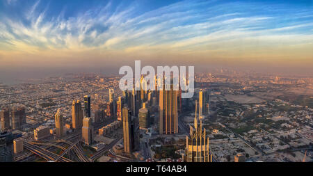 Panoramic aerial view of Dubai at sunset, United Arab Emirates