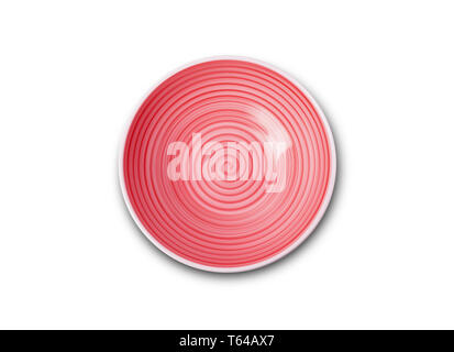 Empty red ceramic plate with spiral pattern in watercolor styles, View from above isolated on white background with clipping path Stock Photo