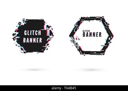 Geometric banner with distortion effect - Glitch. Hexagon shape frame. Digital technology modern poster and flyer template. Vector illustration isolat Stock Vector