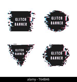 Square triangular hexagonal and circular banner set in distorted glitch style. Vector illustration isolated on white background Stock Vector