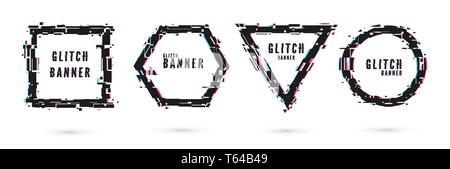 Set of banners geometrical shapes with glitch effect. Frame distortion. Vector illustration isolated on white background Stock Vector