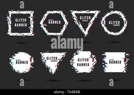 Set of frames and banners with glitch effect. Digital broken signal. Hipster design elements in a modern style. Vector illustration Stock Vector