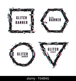 Modern abstract banners set in distorted glitch style. Geometric frame shape with glitch effect. Vector illustration isolated on white background Stock Vector