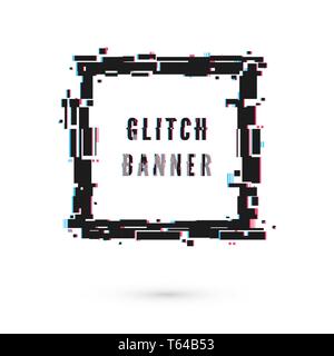 Square banner with distortion effect - Glitch. Digital technology modern poster and flyer template. Vector illustration isolated on white background Stock Vector