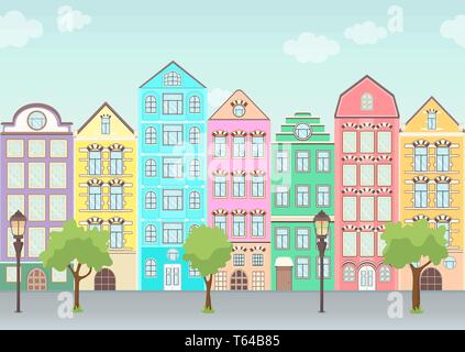 Street with colorful houses, trees and lanterns, seamless border, urban landscape, old city background. Multicolored European houses in row with blue  Stock Vector