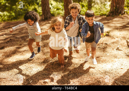 Group of kids running up in the forest. Multi-ethnic children playing together in forest. Stock Photo