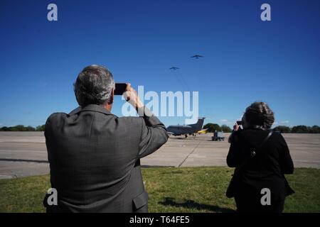 (190429) -- WASHINGTON D.C., April 29, 2019 (Xinhua) -- U.S. Air Force planes are seen in the sky during a memorial service at the Joint Base San Antonio-Randolph, Texas, the United States, April 18, 2019. Seventy-nine silver goblets have been symbolically turned upside down, leaving only one, engraved with the name Richard E. Cole, standing upright. All shine behind show windows in the largest military museum in the world as a silent homage commemorating 80 heroic Doolittle Raiders who launched America's first airstrike on Tokyo during WWII. TO GO WITH Feature: Untold story should be told as Stock Photo