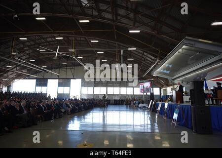 (190429) -- WASHINGTON D.C., April 29, 2019 (Xinhua) -- Rich Cole, son of U.S. Air Force Lt. Col. Richard E. Cole, speaks during a memorial service at the Joint Base San Antonio-Randolph, Texas, the United States, April 18, 2019. Seventy-nine silver goblets have been symbolically turned upside down, leaving only one, engraved with the name Richard E. Cole, standing upright. All shine behind show windows in the largest military museum in the world as a silent homage commemorating 80 heroic Doolittle Raiders who launched America's first airstrike on Tokyo during WWII. TO GO WITH Feature: Untold Stock Photo