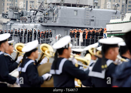 (190429) -- QINGDAO, April 29, 2019 (Xinhua) -- A Russian navy vessel arrives at Dagang port of Qingdao, east China's Shandong Province, April 29, 2019. Russian naval vessels arrived in Qingdao on Monday to participate in the Sino-Russian 'Joint Sea-2019' exercise.      The exercise will focus on joint sea defense, which aims to consolidate and develop the China-Russia comprehensive strategic partnership of coordination, deepen pragmatic naval cooperation, and improve their capabilities to jointly respond to security threats at sea.     Two submarines, 13 surface ships, as well as fixed-wing a Stock Photo