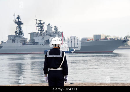 (190429) -- QINGDAO, April 29, 2019 (Xinhua) -- A Russian navy vessel arrives at Dagang port of Qingdao, east China's Shandong Province, April 29, 2019. Russian naval vessels arrived in Qingdao on Monday to participate in the Sino-Russian 'Joint Sea-2019' exercise. The exercise will focus on joint sea defense, which aims to consolidate and develop the China-Russia comprehensive strategic partnership of coordination, deepen pragmatic naval cooperation, and improve their capabilities to jointly respond to security threats at sea. Two submarines, 13 surface ships, as well as fixed-wing a Stock Photo