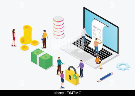 isometric electronic receipt concept with laptop and people team and money and online payment - vector illustration Stock Photo