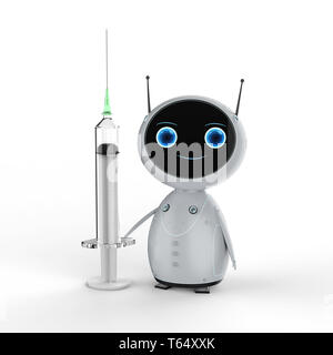 3d rendering mini robot hand holding syringe on white background Stock Photo