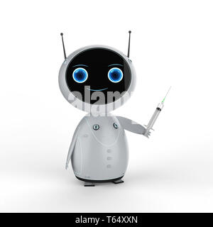 3d rendering mini robot hand holding syringe on white background Stock Photo