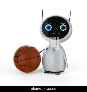 3d rendering mini robot hand holding basketball on white background Stock Photo