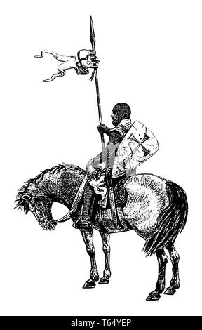 Medieval mounted knight illustration. Templar knight on horseback. Black and white silhouette. Stock Photo