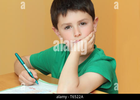 boy doing homework from school in workbook Stock Photo
