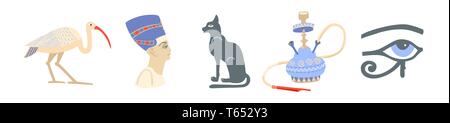 icons set of egyptian symbols - ibis, nefertiti, bastet, hookah and eye of ra Stock Vector