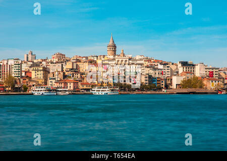 View of the Istanbul City of Turkey. Historical Galata Tower at Bosphorus, Marmara Sea Stock Photo