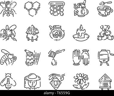 set of simple flat line art icon about beekeeping and apiary pictogram design Stock Vector