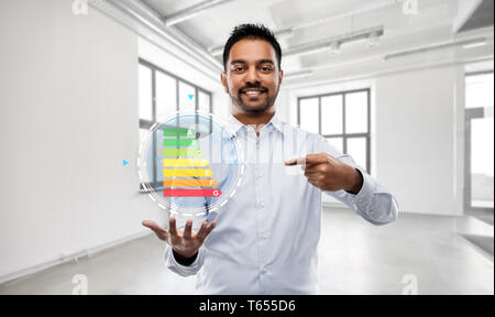 realtor with energy levels over empty office room Stock Photo