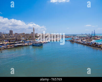 SIDON, LEBANON - MAY 21, 2017: View of the port by the Sidon Sea Castle, built by the crusaders as a fortress of the holy land. Stock Photo