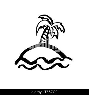 Palm tree on island icon. Vector dry brush illustration. Stock Vector