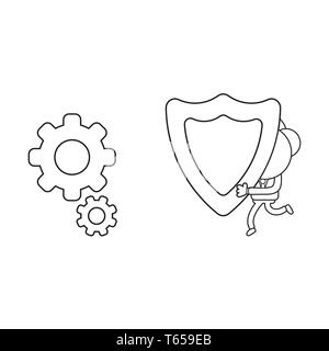 Vector illustration businessman character running and carrying guard shield to gears. Black outline. Stock Vector