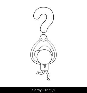 Vector illustration businessman character running and carrying question mark. Black outline. Stock Vector