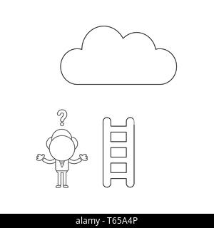 Vector illustration confused businessman character with short wooden ladder to reach cloud. Black outline. Stock Vector